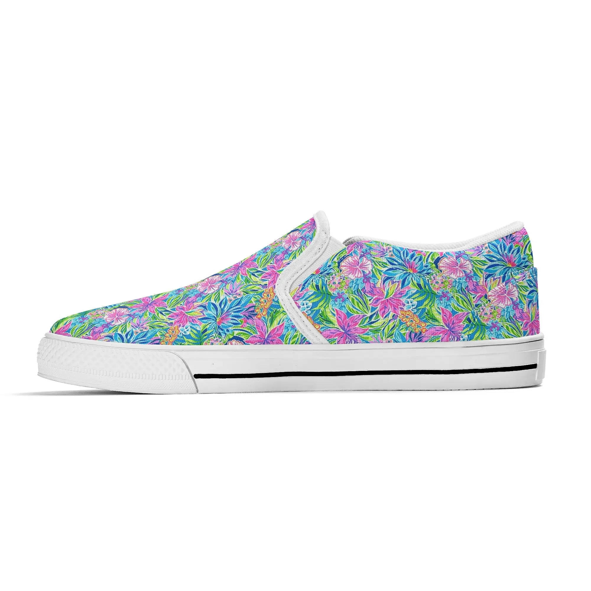 Summer Harmony: Pink and Blue Blooms with Lush Green Leaves Womens Canvas Slip On Shoes US5-US12