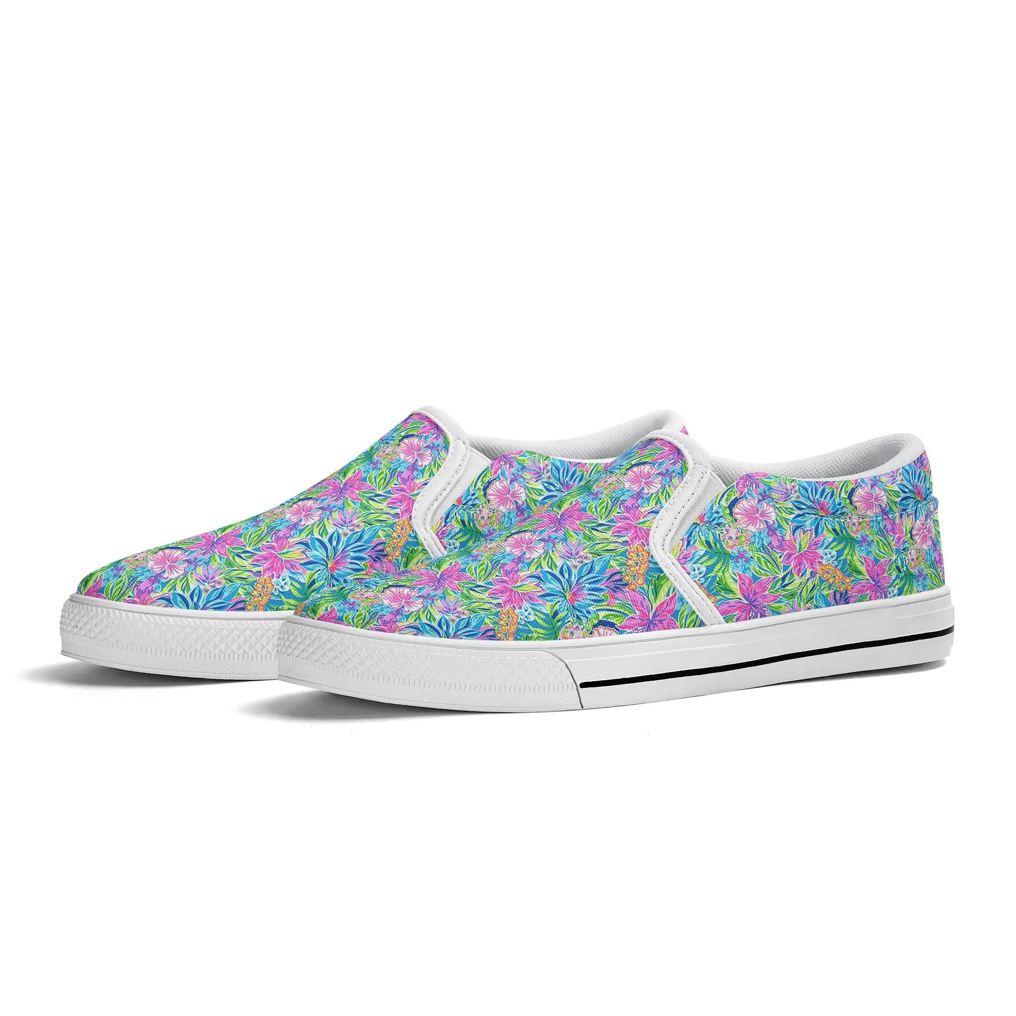 Summer Harmony: Pink and Blue Blooms with Lush Green Leaves Womens Canvas Slip On Shoes US5-US12