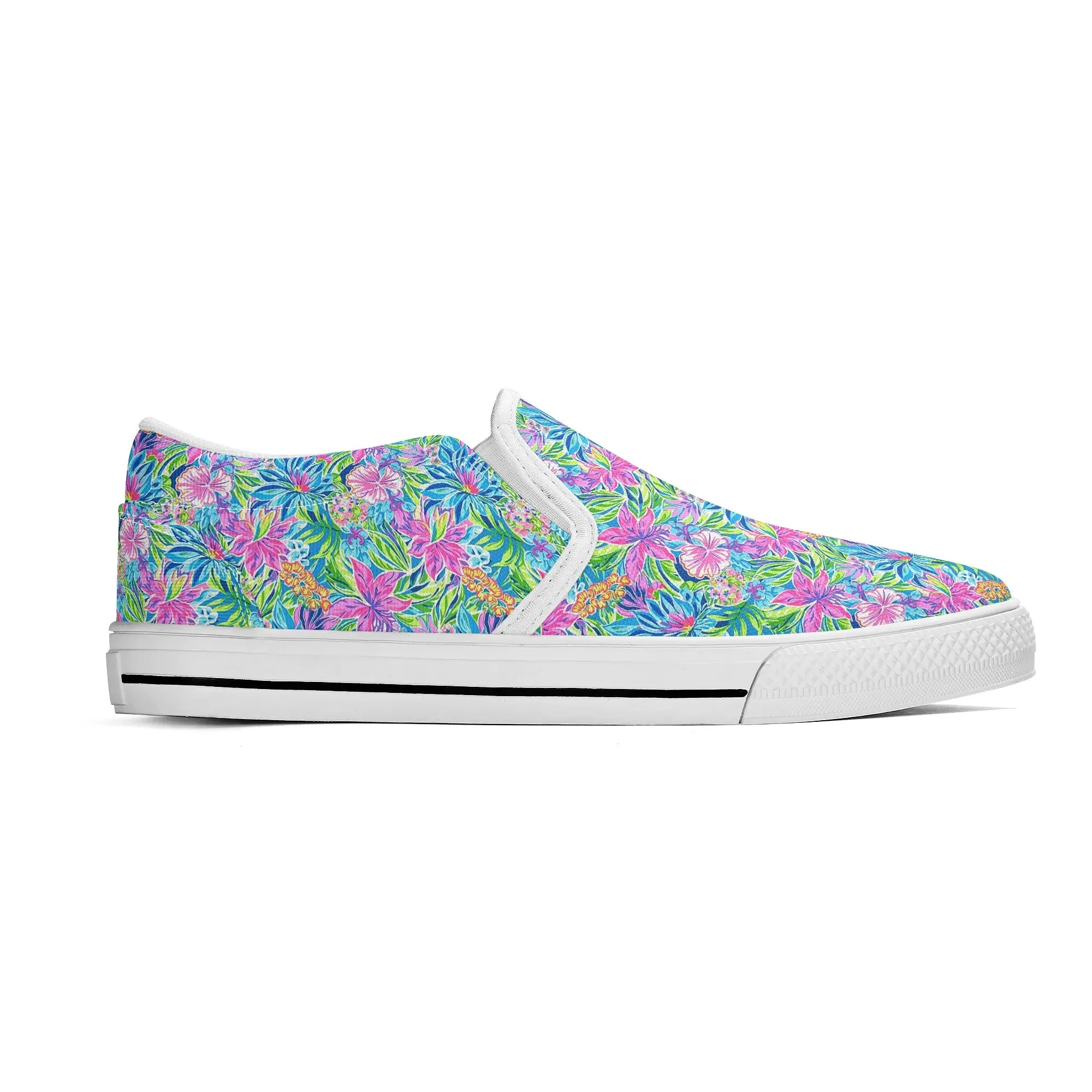 Summer Harmony: Pink and Blue Blooms with Lush Green Leaves Womens Canvas Slip On Shoes US5-US12