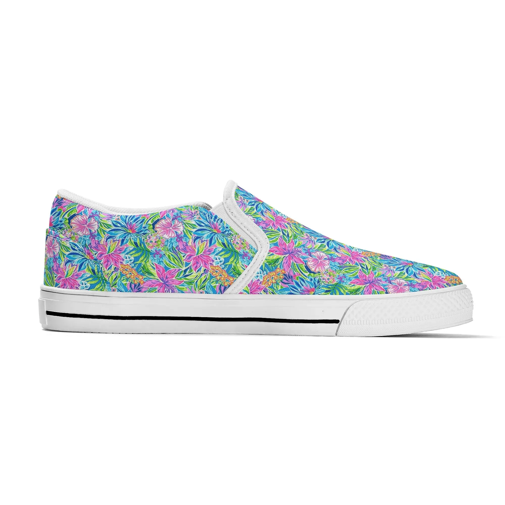 Summer Harmony: Pink and Blue Blooms with Lush Green Leaves Womens Canvas Slip On Shoes US5-US12