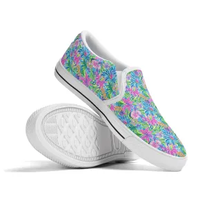 Summer Harmony: Pink and Blue Blooms with Lush Green Leaves Womens Canvas Slip On Shoes US5-US12
