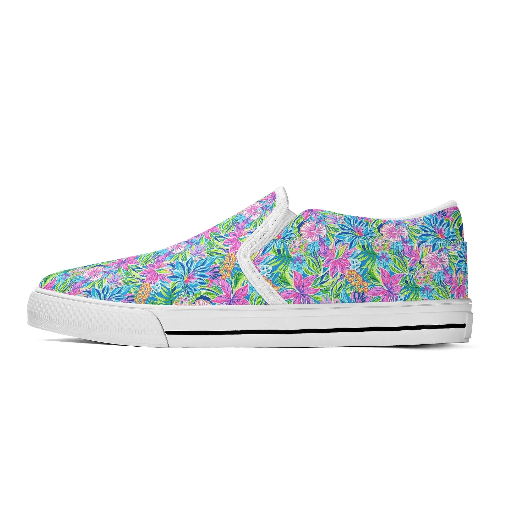 Summer Harmony: Pink and Blue Blooms with Lush Green Leaves Womens Canvas Slip On Shoes US5-US12