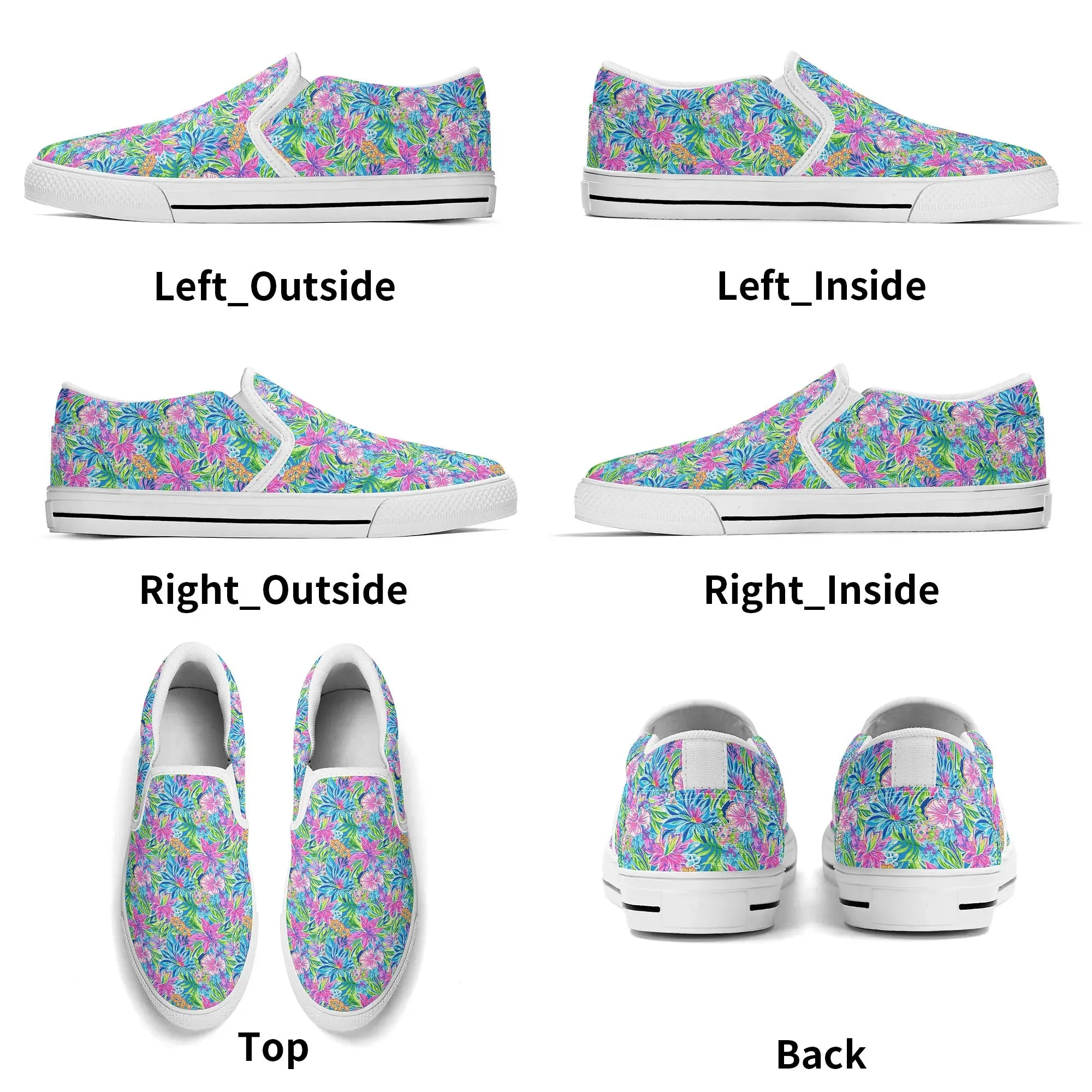Summer Harmony: Pink and Blue Blooms with Lush Green Leaves Womens Canvas Slip On Shoes US5-US12