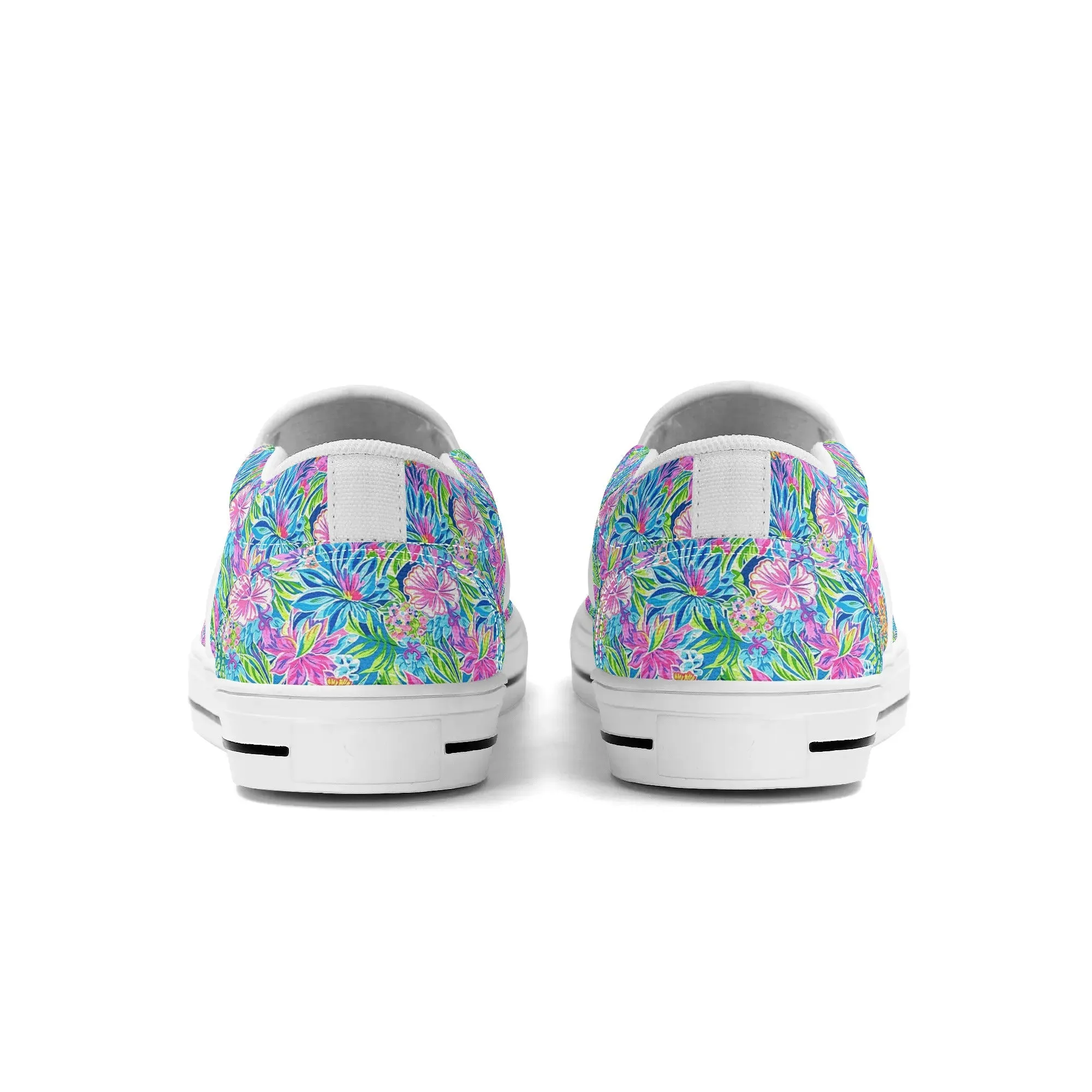 Summer Harmony: Pink and Blue Blooms with Lush Green Leaves Womens Canvas Slip On Shoes US5-US12
