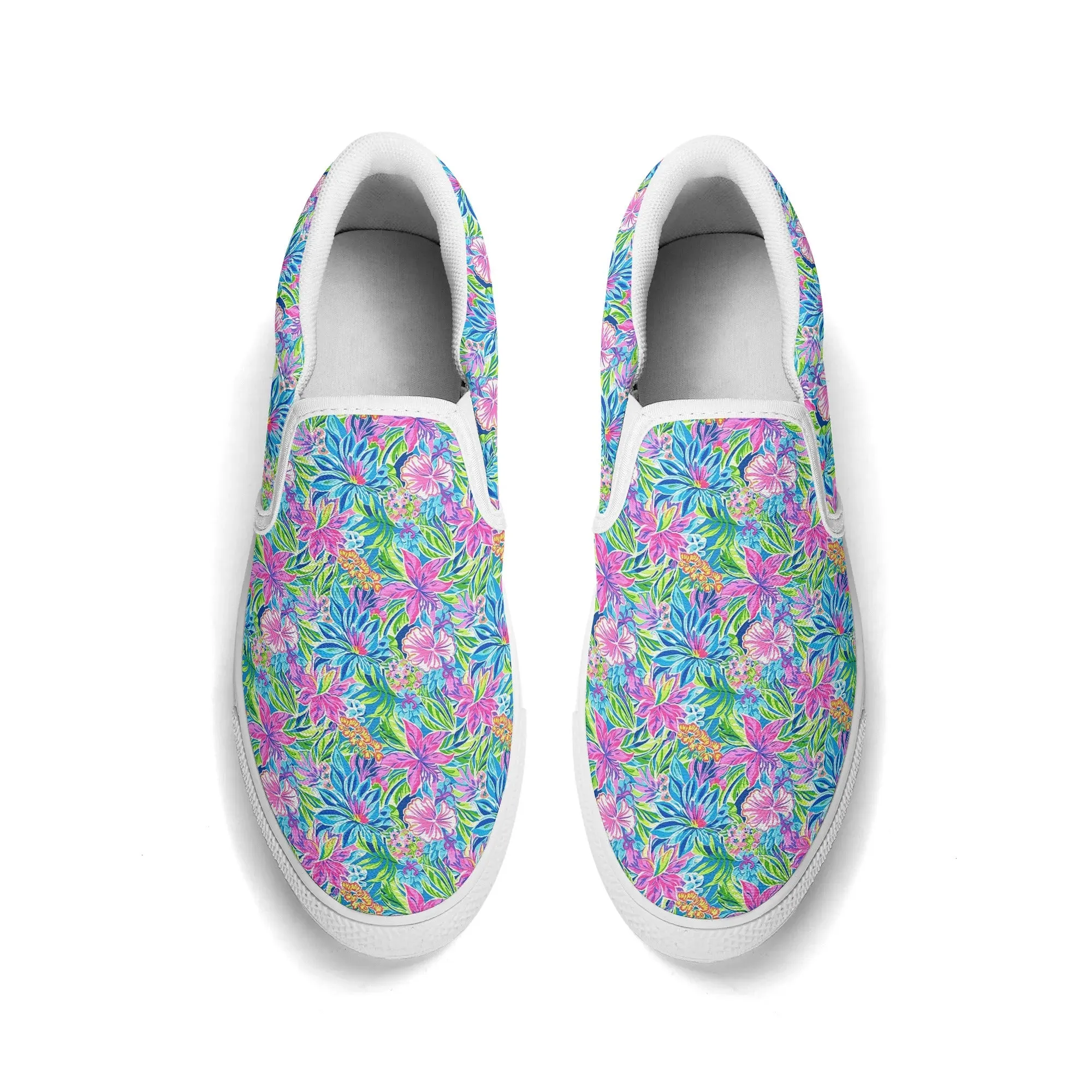 Summer Harmony: Pink and Blue Blooms with Lush Green Leaves Womens Canvas Slip On Shoes US5-US12