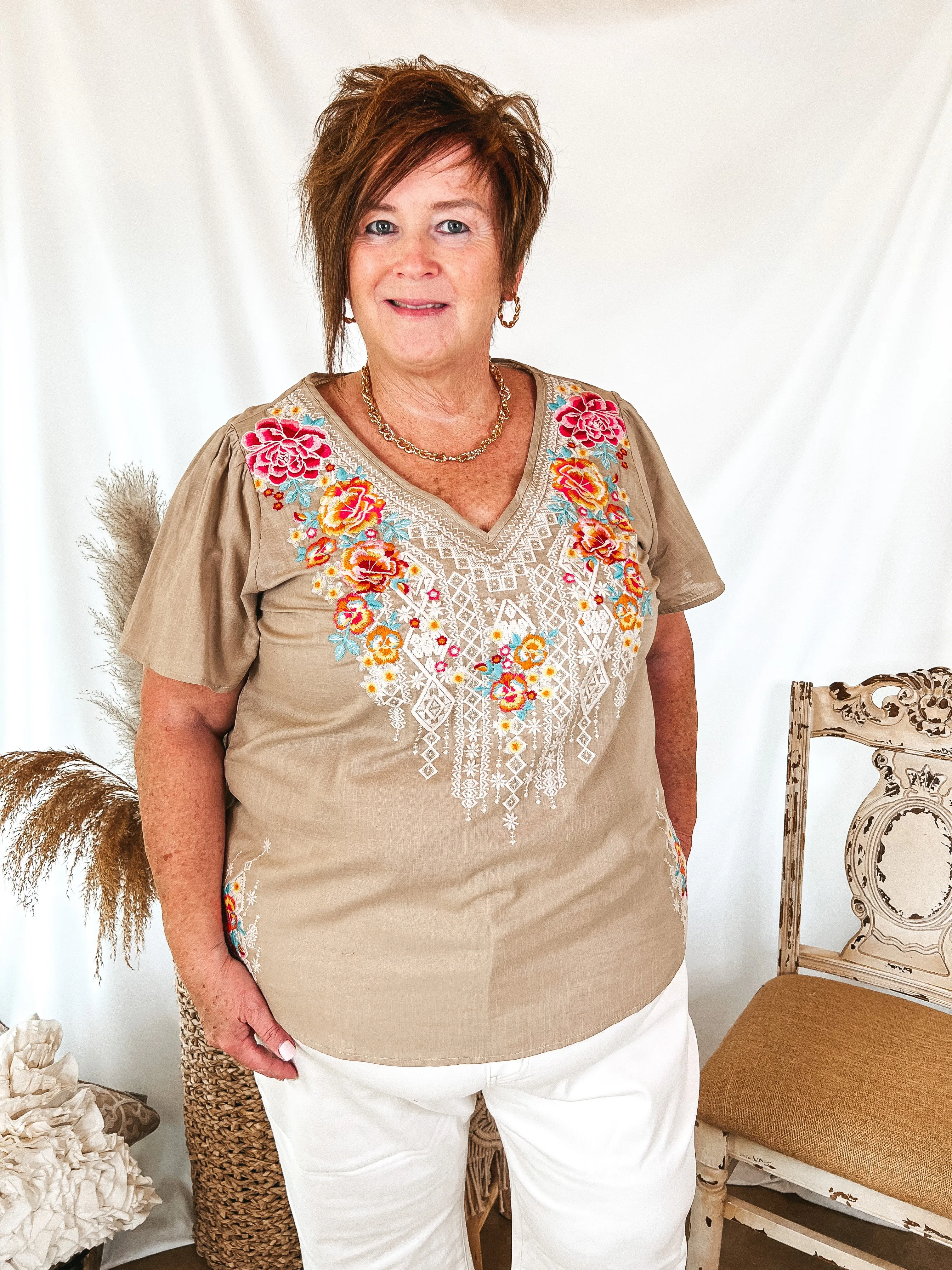 Telling The Truth V Neck Embroidered Top in Biege