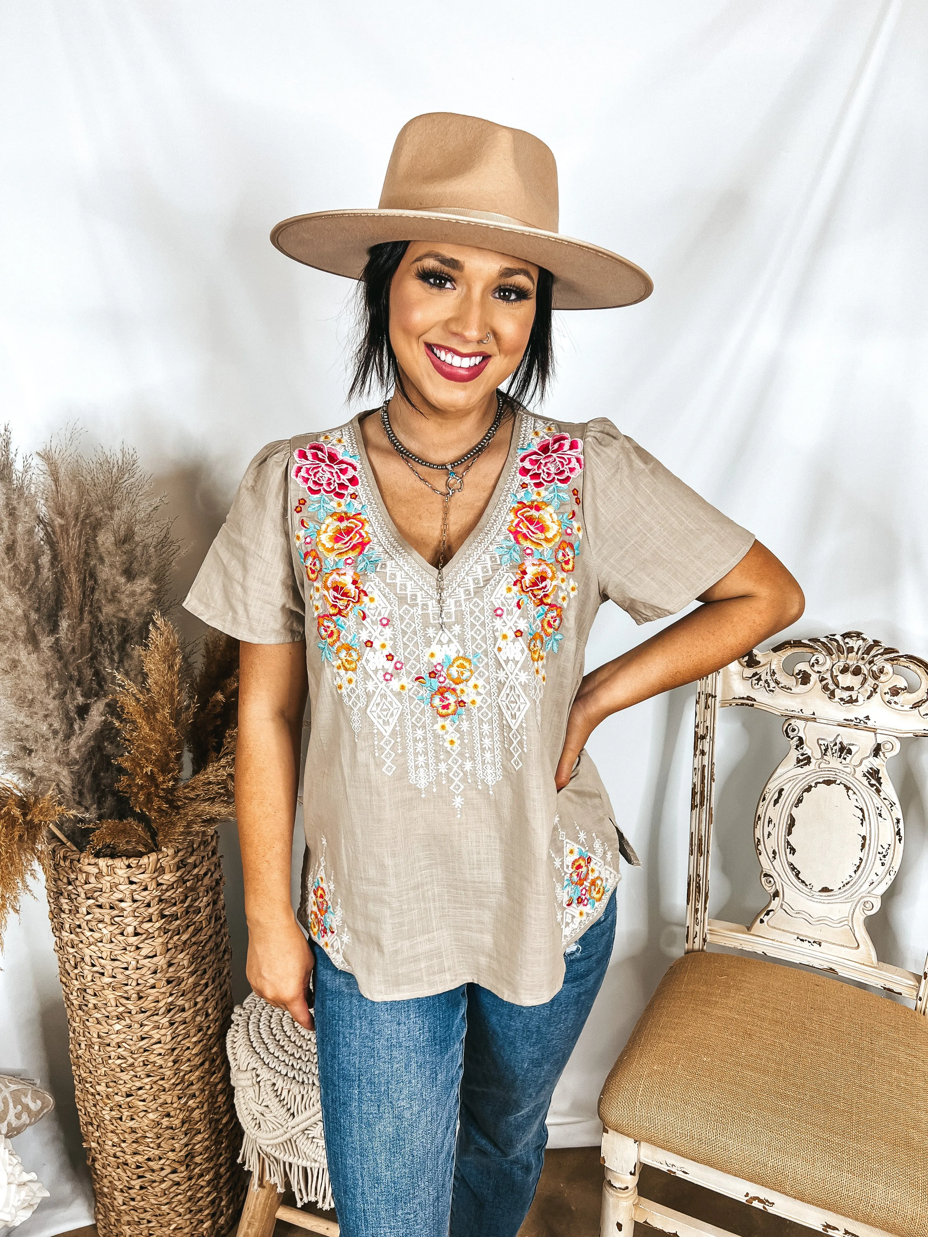 Telling The Truth V Neck Embroidered Top in Biege