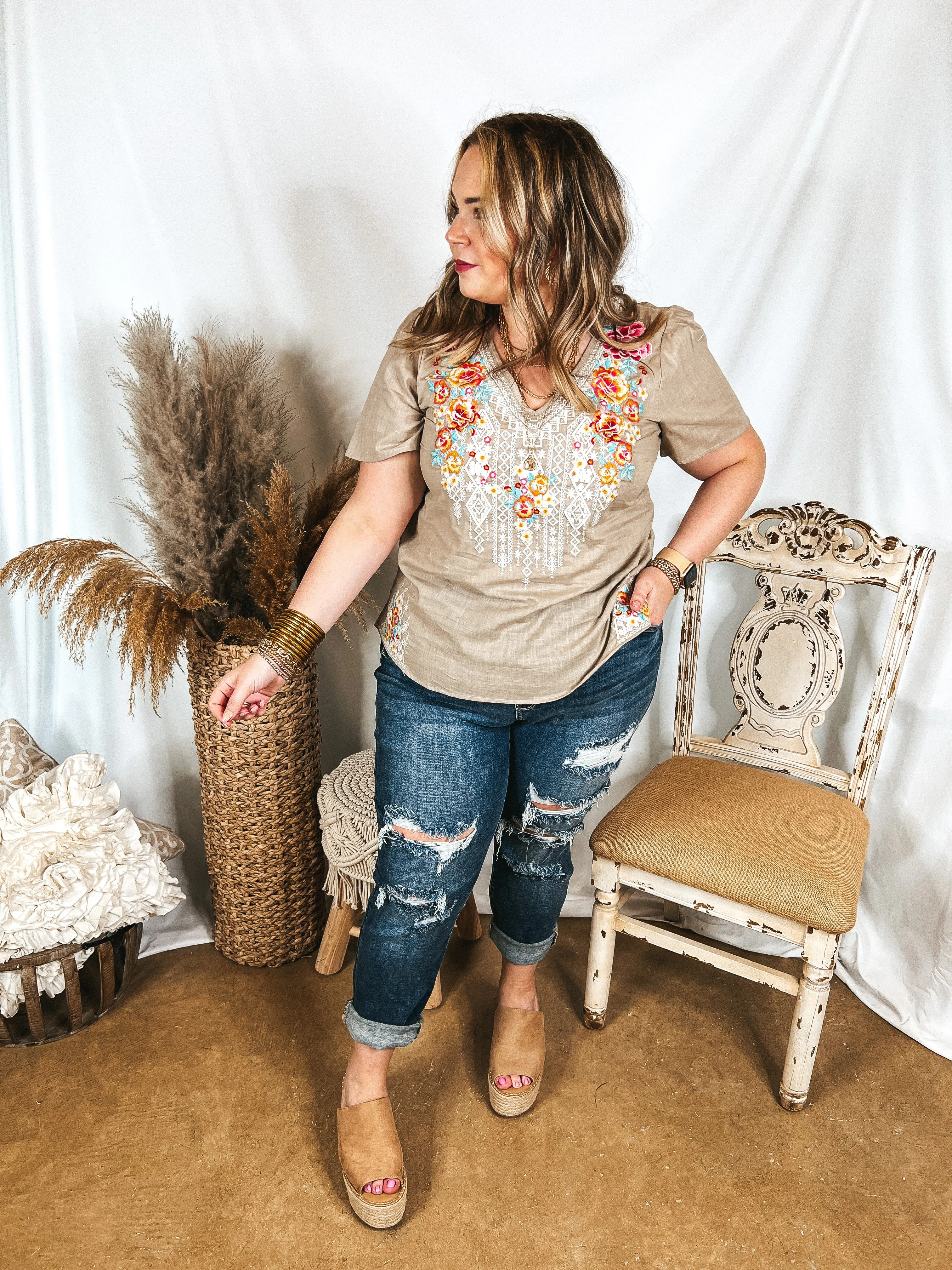 Telling The Truth V Neck Embroidered Top in Biege