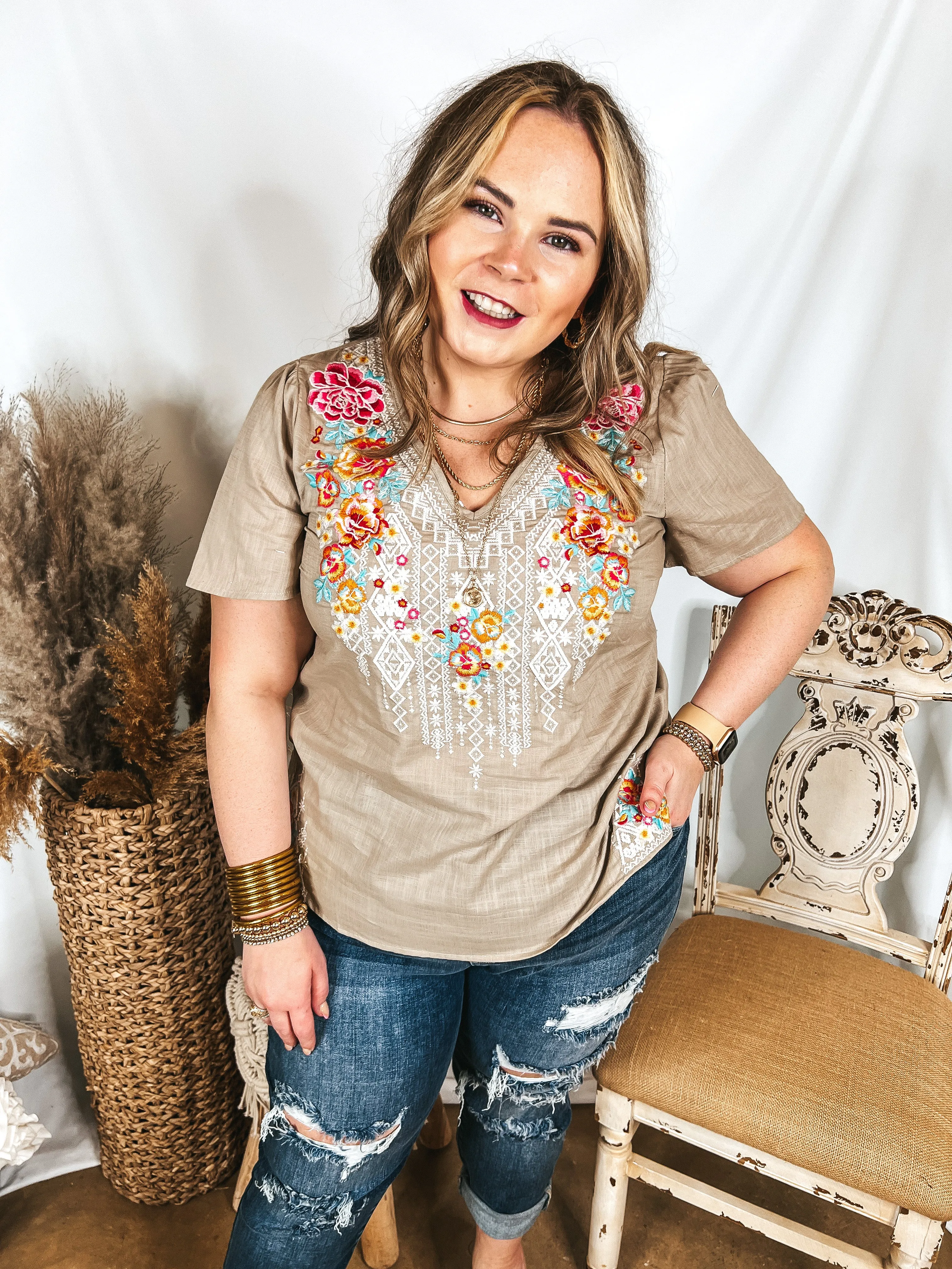 Telling The Truth V Neck Embroidered Top in Biege