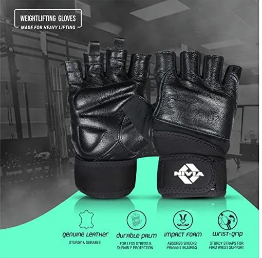 Venom Sports Gloves/Genuine Leather with Neoprene Strap/Impact Foam for Palm Protection/Half Finger Length Weight Lifting Gloves - Large (Black)