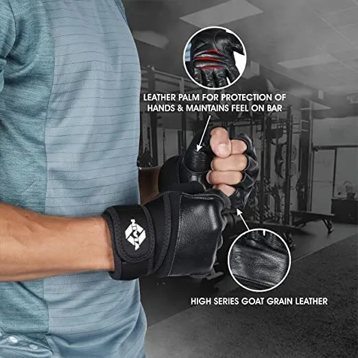 Venom Sports Gloves/Genuine Leather with Neoprene Strap/Impact Foam for Palm Protection/Half Finger Length Weight Lifting Gloves - Large (Black)