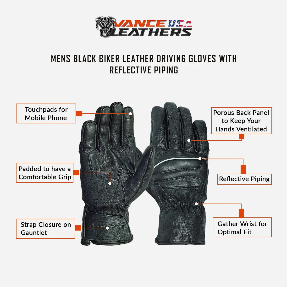 VL476 Premium Leather Driving Glove with Reflective Piping