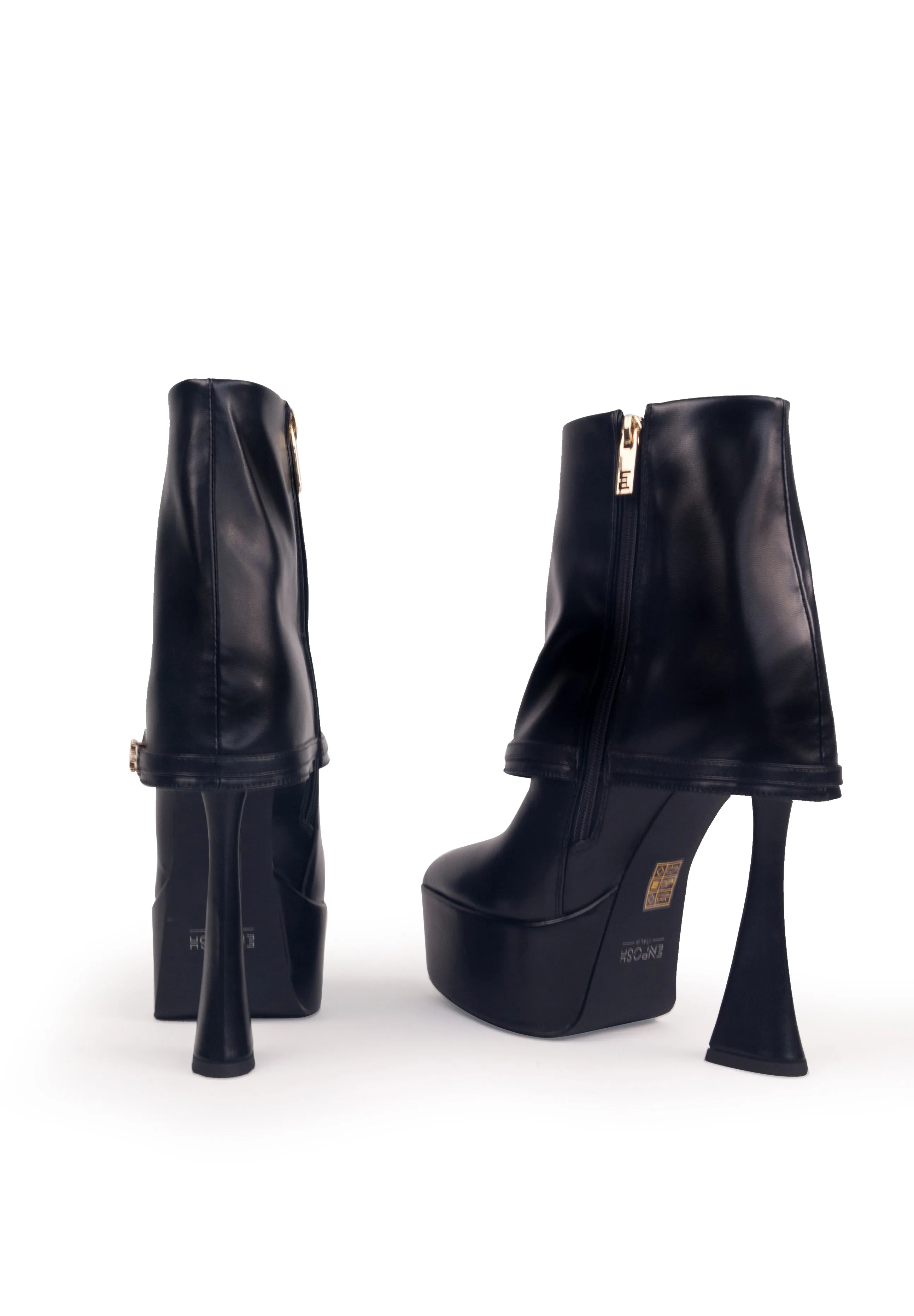 XANDRIA Black - High platform pointy folded heeled boots