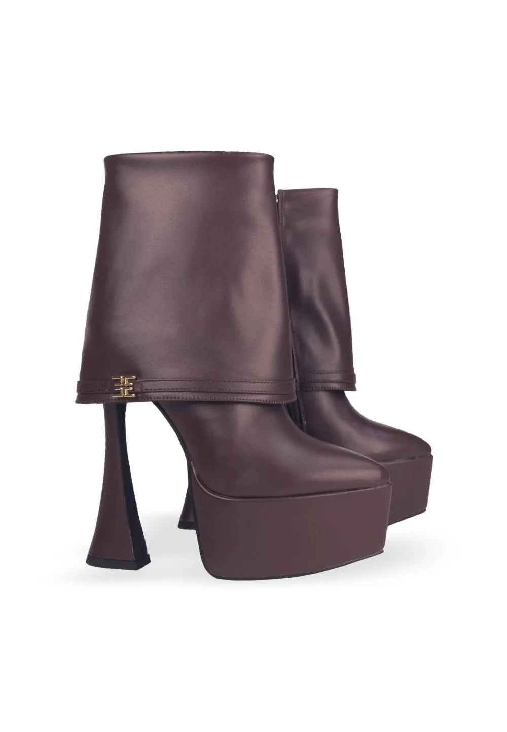 XANDRIA Brown - High platform pointy folded heeled boots
