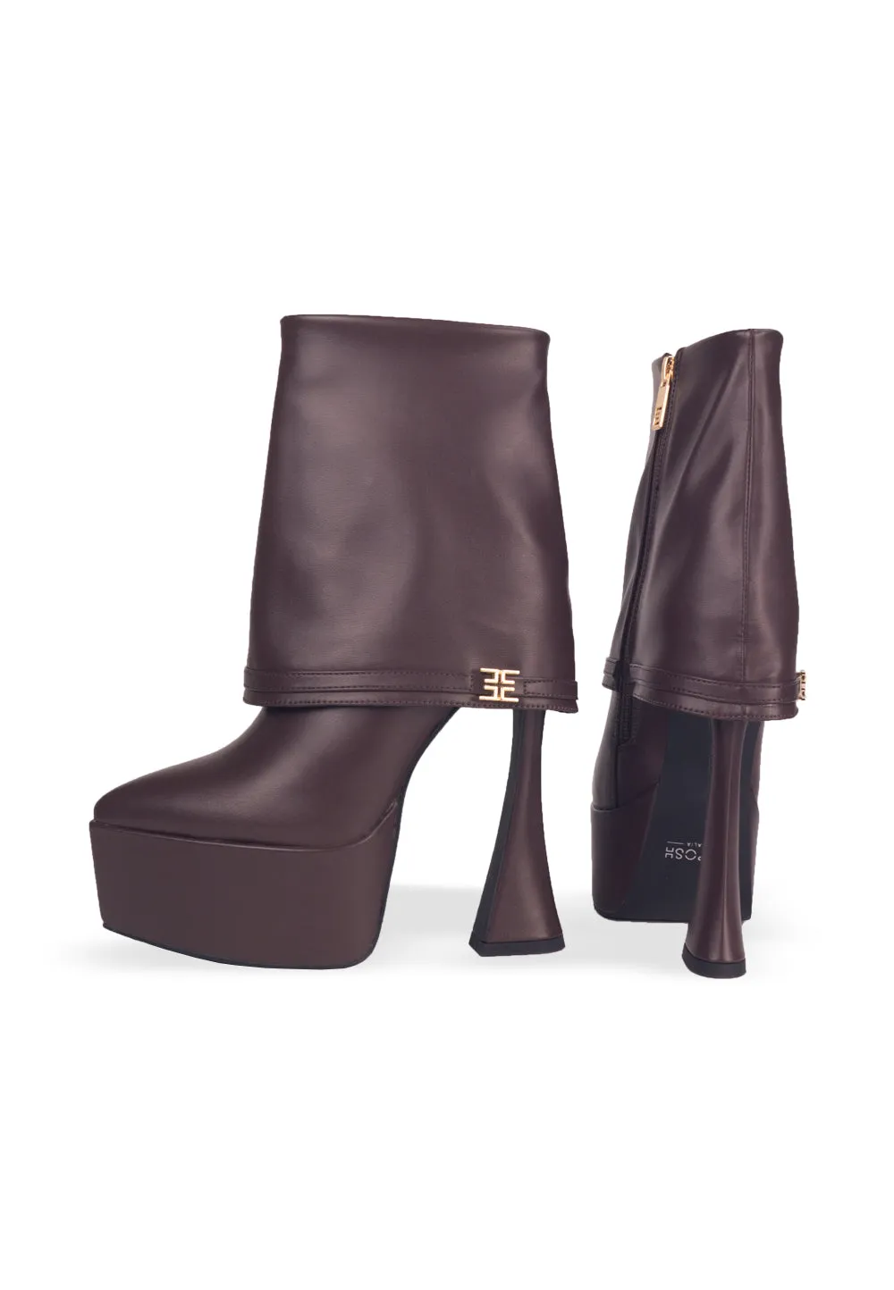 XANDRIA Brown - High platform pointy folded heeled boots