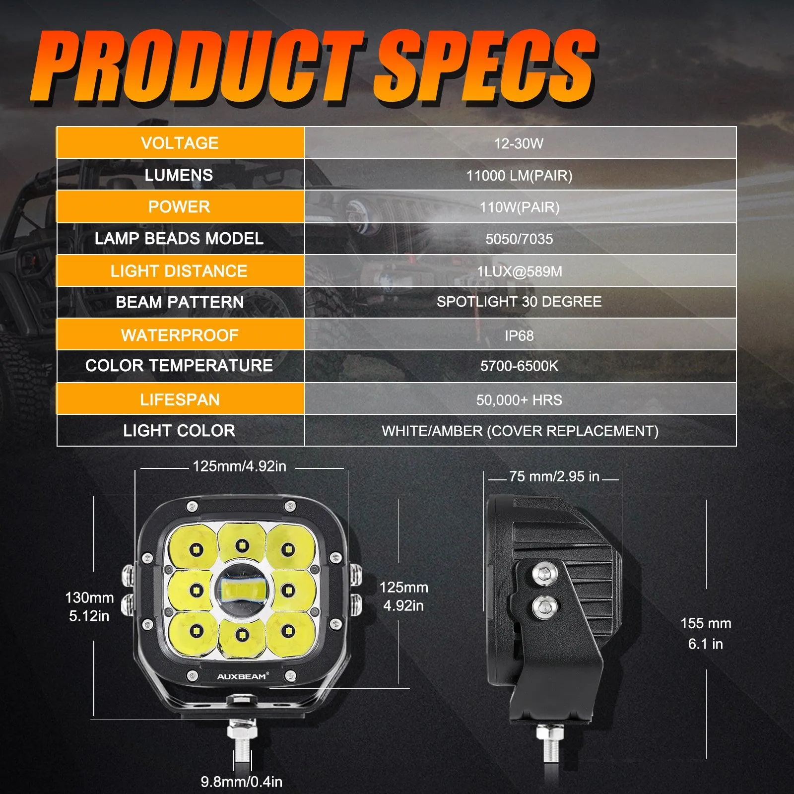 XP-ULTRA Series 5 Inch 110W 11000LM White/Amber LED Driving Lights Pods Light